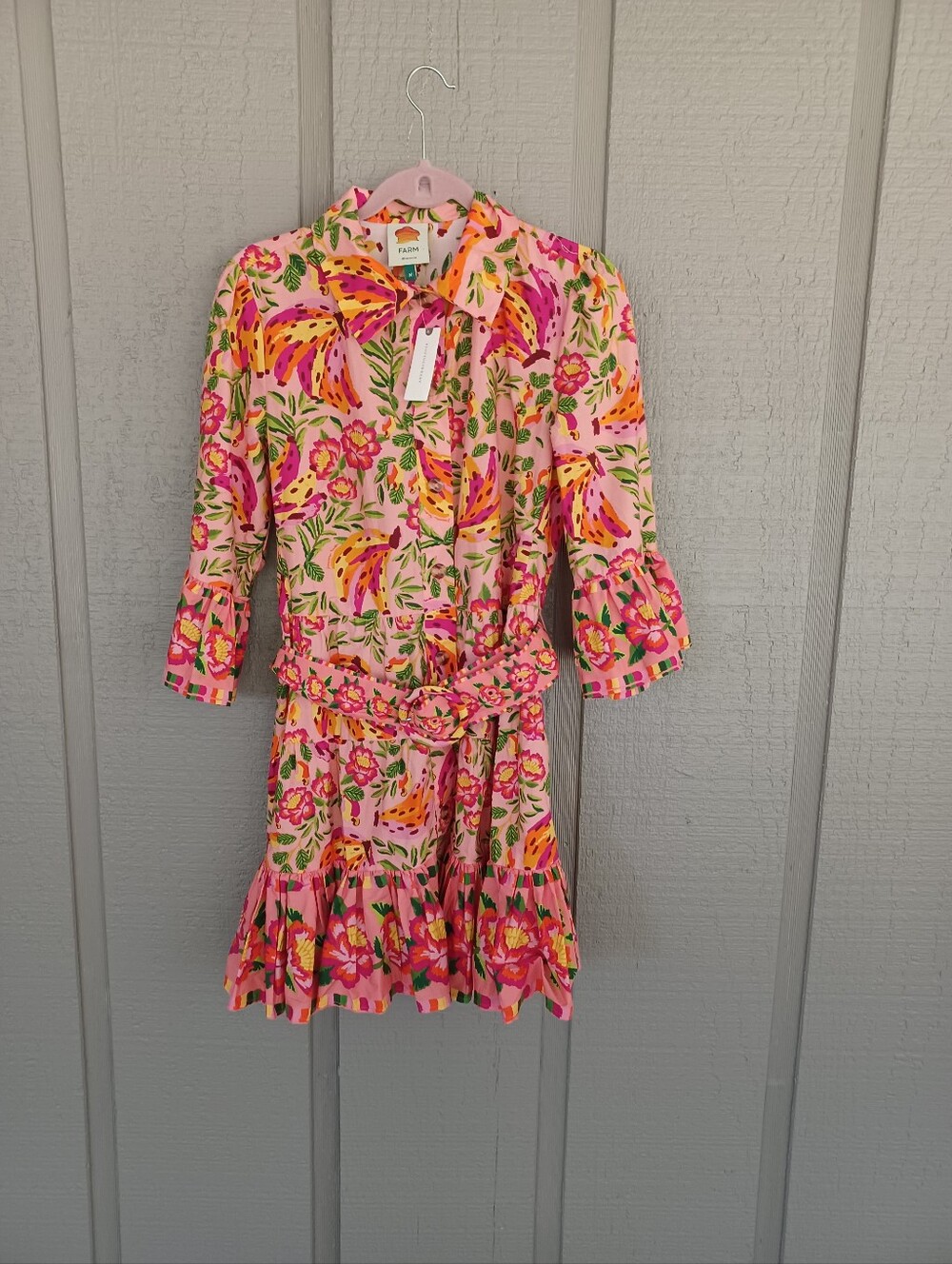 Farm Rio Painted Bananas Mini Dress Size M Women Belted Button Cotton Ruffle